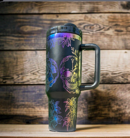 Holographic Engraved Skulls and Roses Tumbler