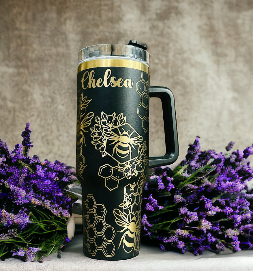 Black/Gold Bees, Flowers and Honeycomb Tumbler
