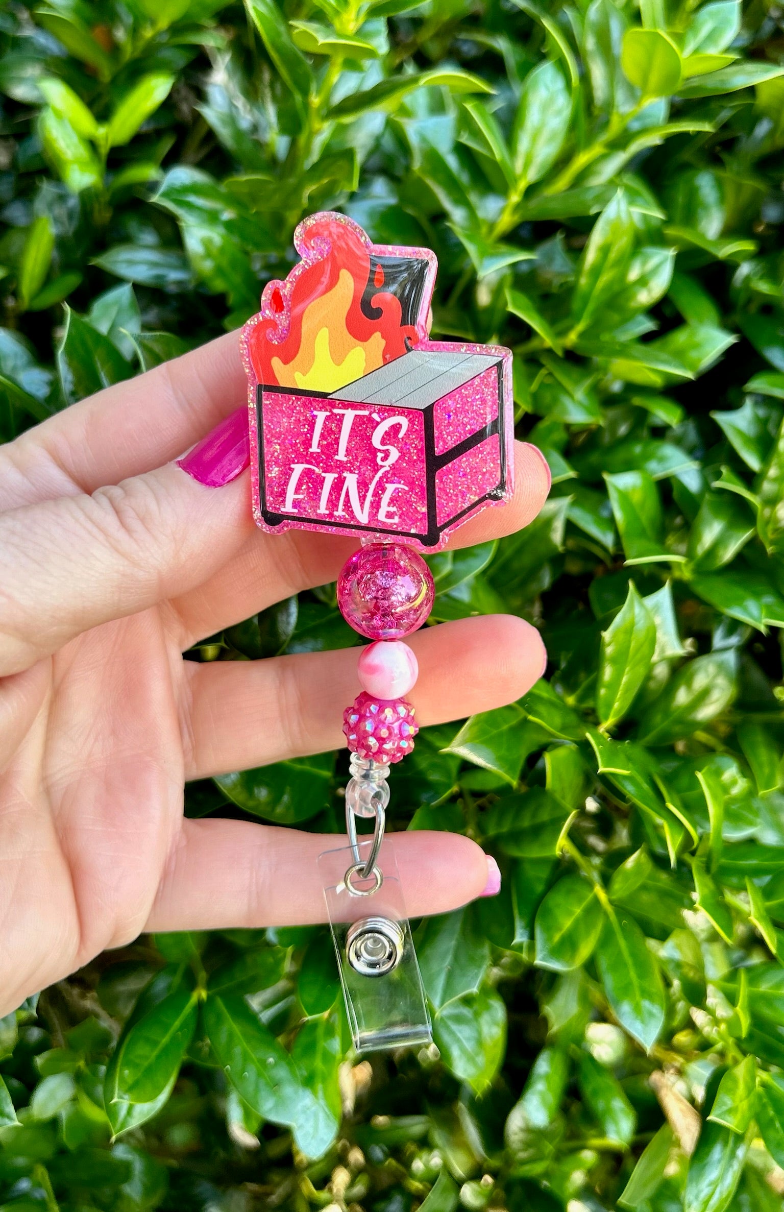 Hot Pink Glitter Dumpster on Fire Badge Reel – Spicy Badge Reels