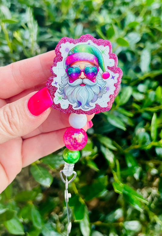 Pink Retro Santa Christmas Badge Reel