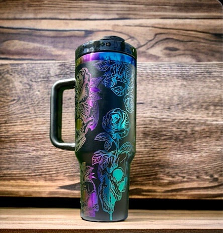 Holographic Engraved Skulls and Roses Tumbler
