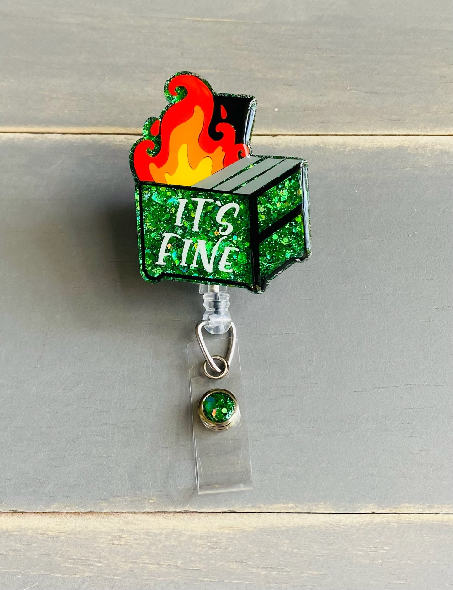Green Glitter Dumpster on Fire Badge Reel
