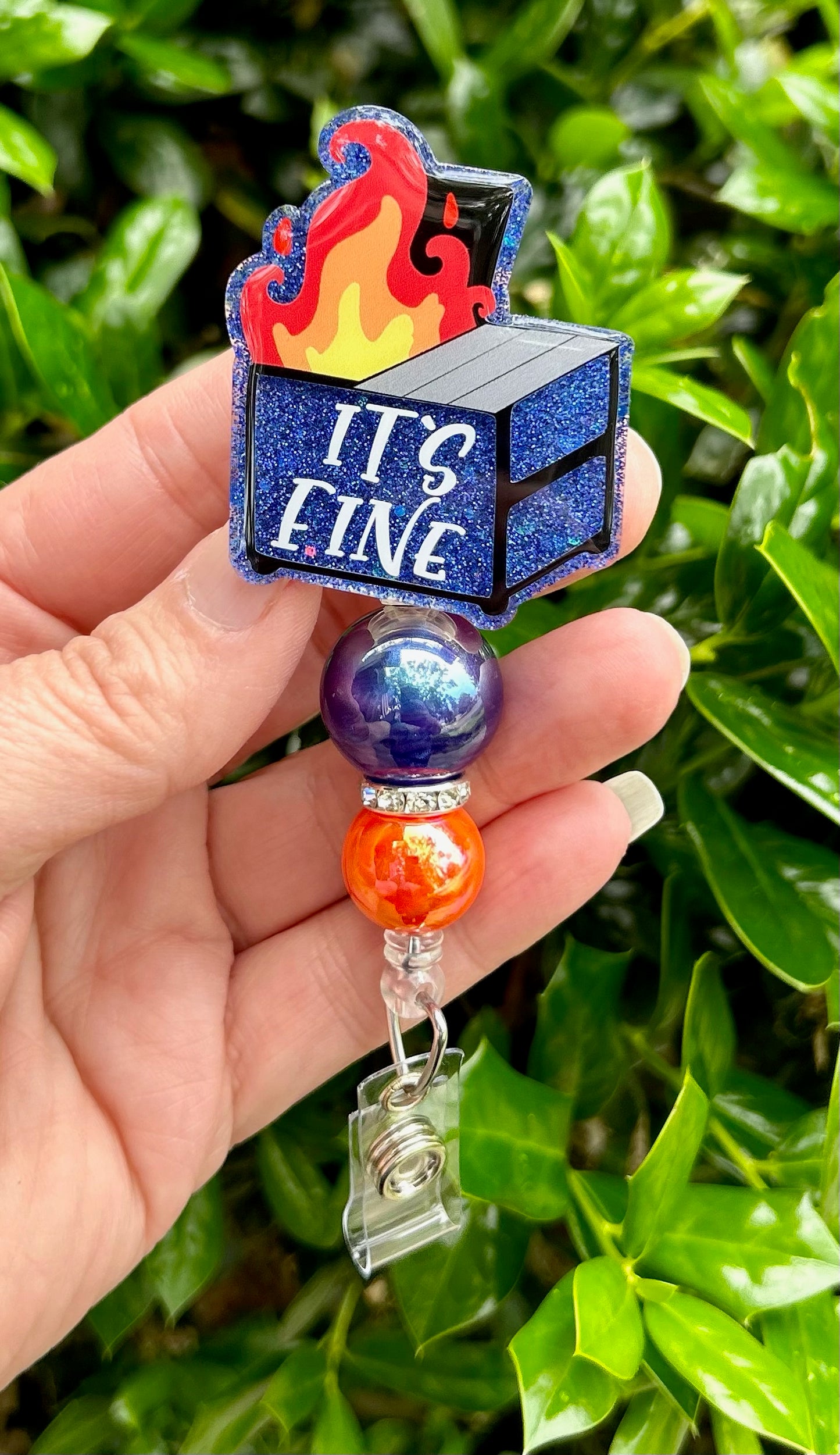 Blue Glitter Dumpster on Fire Badge Reel