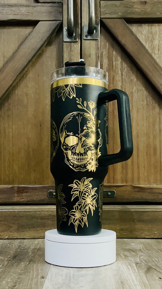 Black/Gold Engraved Skulls and Roses Tumbler