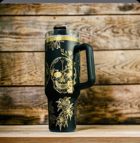 Black/Gold Engraved Skulls and Roses Tumbler