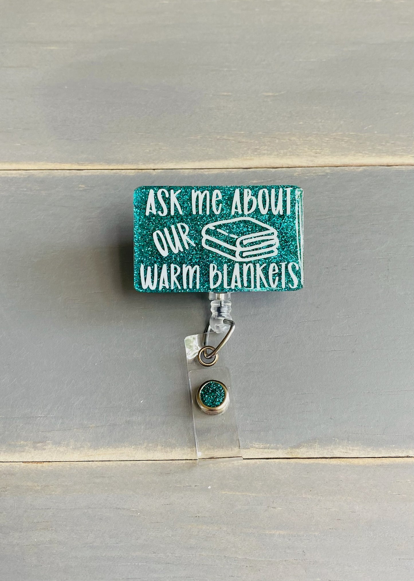Ask Me About Our Warm Blankets Badge Reel